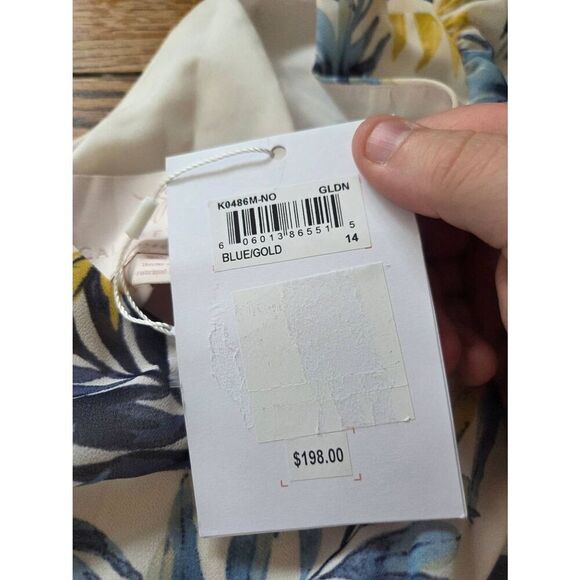 NWT GAL MEETS GLAM Kiki Chiffon Flutter Sleeve Maxi Dress Blue Gold Leaf Sz 14 - Picture 4 of 6